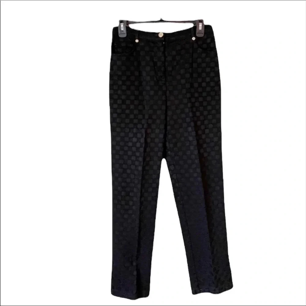 St. John velvet checkered black straight leg pants 8 luxury minimalist chic